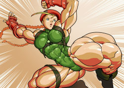 Rule 34 | 1girl, abs, ahoge, alternate body size, antenna hair, armpits, battle, beret, blonde hair, blue eyes, boots, breasts, cammy white, capcom, extreme muscles, fingerless gloves, gloves, gradient background, harness, hat, holster, incoming attack, jumping, leotard, long hair, muscular, open mouth, pokkuti, skin tight, solo, street fighter, street fighter v, striped, striped background, thick thighs, thigh holster, thighs, thong leotard, twintails, very long hair
