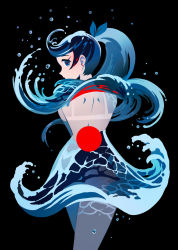 Rule 34 | 1girl, appi, back, black background, blue eyes, blue hair, cowboy shot, earrings, expressionless, from behind, jewelry, liquid hair, long hair, looking at viewer, looking back, original, ponytail, profile, red circle, shoulder blades, simple background, solo, water drop, waves