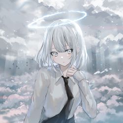 Rule 34 | 1girl, above clouds, absurdres, black necktie, black skirt, cloud, cloudy sky, collared shirt, commentary request, grey eyes, grey hair, halo, hand up, highres, hoshimiya aki, huge filesize, long sleeves, looking at viewer, necktie, original, shirt, skirt, sky, sleeves past wrists, solo, white shirt, white theme