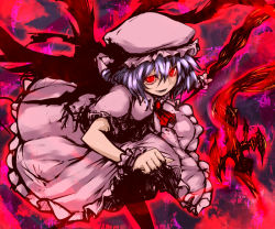 Rule 34 | 1girl, clenched hand, female focus, hat, light smile, purple hair, red eyes, remilia scarlet, short hair, solo, soubi, spear the gungnir, touhou