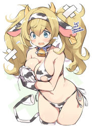 Rule 34 | 1girl, alternate costume, animal costume, animal ears, animal print, artist name, bell, bikini, blonde hair, blue eyes, blush, breasts, chinese zodiac, collar, cow costume, cow ears, cow girl, cow horns, cow print, cow print bikini, cow tail, cowboy shot, dated, fake horns, gambier bay (kancolle), gloves, hairband, horns, kantai collection, large breasts, multicolored bikini, multicolored clothes, neck bell, odawara hakone, one-hour drawing challenge, print bikini, print gloves, print thighhighs, side-tie bikini bottom, simple background, solo, swimsuit, tail, tears, thighhighs, torn bikini, torn clothes, twintails, white background, year of the ox