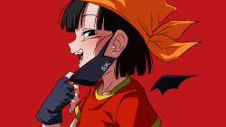 Rule 34 | 1girl, bandana, black eyes, black gloves, black hair, dragon ball, dragon ball gt, fingerless gloves, from side, gloves, grin, half-closed eyes, looking to the side, mask, meme, mouth mask, open mouth, orange bandana, pan (dragon ball), red background, red shirt, rom (20), shirt, sideways glance, simple background, smile, solo, upper body
