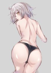 Rule 34 | 1girl, ahoge, ass, back, between breasts, black panties, blush, breasts, cowboy shot, fate/apocrypha, fate (series), food in mouth, from behind, grey background, himeno yuka, jeanne d&#039;arc (fate), jeanne d&#039;arc alter (avenger) (fate), jeanne d&#039;arc alter (fate), looking at viewer, looking back, mouth hold, multicolored hair, panties, profile, short hair, shoulder blades, simple background, sketch, solo, standing, streaked hair, thigh gap, thighs, topless, tsurime, underwear, underwear only, v-shaped eyebrows, yuki maccha (yukimattya10)