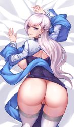 Rule 34 | 1girl, alternate costume, ass, azur lane, bed sheet, belfast (azur lane), belfast (iridescent rosa) (azur lane), blue eyes, bottomless, braid, breasts, china dress, chinese clothes, chinese commentary, collar, commentary request, dress, earrings, has bad revision, has censored revision, huge ass, jewelry, large breasts, long hair, looking at viewer, lxkate, pussy, silver hair, solo, thighhighs, uncensored