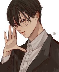 Rule 34 | 1boy, adjusting eyewear, black hair, black jacket, buttons, closed mouth, collared shirt, commentary, glasses, hair over one eye, hand up, highres, jacket, kagoya1219, long sleeves, looking at viewer, looking over eyewear, male focus, original, over-rim eyewear, semi-rimless eyewear, shirt, short hair, signature, simple background, solo, upper body, white background, white shirt