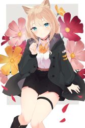 Rule 34 | 1girl, absurdres, animal ear fluff, animal ears, arknights, black footwear, black jacket, black skirt, blue eyes, blush, boots, bow, breasts, brown flower, brown hair, closed mouth, collared shirt, commentary request, dress shirt, floral background, flower, grey background, hand up, head tilt, highres, hood, hood down, hooded jacket, jacket, knee boots, long hair, long sleeves, looking at viewer, mizu (lzzrwi603), open clothes, open jacket, orange bow, petals, podenco (arknights), puffy long sleeves, puffy sleeves, red flower, shirt, sitting, skirt, sleeves past wrists, small breasts, smile, solo, thigh strap, two-tone background, white background, white shirt