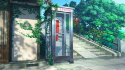 Rule 34 | cable, chinese commentary, cloud, commentary request, door, english text, fence, flower, highres, no humans, original, phone booth, plant, scenery, sky, stairs, stone stairs, trash can, tree, vines, xingzhi lv