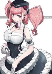 Rule 34 | 1girl, alternate costume, alternate headwear, atlanta (kancolle), black eyes, black hat, boushi-ya, breasts, brown hair, character name, cleavage, covered navel, dress, ear piercing, earrings, flower, frilled dress, frills, gloves, hair flower, hair ornament, hairclip, half gloves, hat, highres, jewelry, kantai collection, large breasts, long hair, piercing, purple flower, purple rose, rose, simple background, single earring, sleeveless, sleeveless dress, solo, star (symbol), star earrings, twintails, two side up