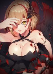 Rule 34 | 1girl, armband, azur lane, blonde hair, blood, blood on clothes, blood on face, blood splatter, bloody weapon, breasts, cleavage, collarbone, commentary request, cross, eyelashes, fingernails, frills, hair ornament, highres, holding, holding knife, iron cross, knife, large breasts, looking at viewer, maitei roppa, multicolored hair, nail polish, parted lips, red hair, red nails, roon (azur lane), roon (dark red grin) (azur lane), sharp fingernails, short hair, slit pupils, solo, streaked hair, thighs, weapon, yandere, yellow eyes
