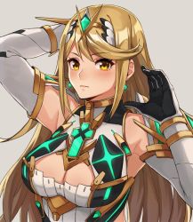 Rule 34 | 1girl, armor, blonde hair, breasts, cleavage, cleavage cutout, clothing cutout, covered navel, earrings, gem, gloves, headpiece, jewelry, kamu (kamuuei), large breasts, mythra (xenoblade), nintendo, solo, swept bangs, thigh strap, tiara, white background, xenoblade chronicles (series), xenoblade chronicles 2, yellow eyes