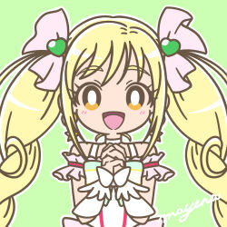 Rule 34 | 1girl, blonde hair, bow, braid, bright pupils, brown eyes, choker, cure echo, detached sleeves, green background, hair bow, highres, magical girl, mayena, open mouth, outline, own hands together, precure, precure all stars, sakagami ayumi, signature, simple background, smile, solo, strap, twin braids, twitter username, upper body, waist bow, white choker, white outline