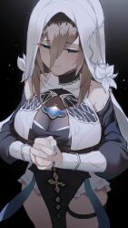 Rule 34 | 1girl, absurdres, aponia (honkai impact), bare shoulders, black choker, black sleeves, blonde hair, blue eyes, blue nails, breast curtains, breasts, chinese commentary, choker, cleavage, collarbone, commentary, cowboy shot, detached sleeves, flower, hair between eyes, half-closed eyes, highres, honkai (series), honkai impact 3rd, huge breasts, lace, lace choker, looking at viewer, medium hair, mole, mole under eye, nail polish, nun, own hands together, pelvic curtain, see-through, see-through cleavage, smile, solo, standing, susu (32103088), thigh strap, white flower, white sleeves, white veil