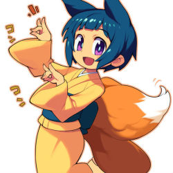 Rule 34 | 1girl, :d, black hair, borrowed character, female focus, fox shadow puppet, fox tail, japanese clothes, kimono, kukuri (mawaru), metata, multiple tails, open mouth, original, purple eyes, short hair, simple background, smile, solo, tail, white background