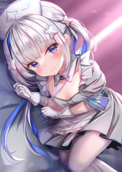 Rule 34 | 1girl, amane kanata, amane kanata (nurse), apron, armband, bandaged arm, bandages, blue eyes, blue hair, blush, closed mouth, colored inner hair, dress, frilled apron, frills, gloves, hair ornament, hat, highres, hololive, long hair, looking at viewer, lying, multicolored hair, nurse cap, on side, pantyhose, pink hair, pleated dress, puffy short sleeves, puffy sleeves, short sleeves, sidelocks, smile, solo, streaked hair, twintails, very long hair, virtual youtuber, white apron, white dress, white gloves, white hair, white hat, white pantyhose, x hair ornament, yuano