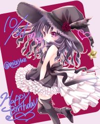 Rule 34 | 10s, 1girl, :o, backless dress, backless outfit, boots, commentary request, cross-laced footwear, curly hair, dated, dress, finger to mouth, flower, frilled dress, frilled hat, frills, happy birthday, hat, hat feather, hat flower, heart, high heel boots, high heels, lace-up boots, long hair, looking at viewer, mizutani yuzu, momijidani nozomi, official art, purple eyes, purple hair, solo, standing, standing on one leg, tenshi no 3p!, thigh boots, thighhighs, twitter username, wavy hair, witch, witch hat