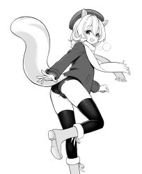 Rule 34 | +++ (artist), 1boy, animal ears, ass, boots, bulge, clenched hands, coat, from behind, greyscale, hat, highres, looking back, male focus, monochrome, open mouth, original, scarf, simple background, skindentation, smile, solo, squirrel ears, squirrel tail, tail, thighhighs, trap, white background