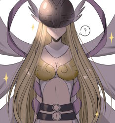 Rule 34 | 1girl, angel wings, angewomon, armor, asymmetrical clothes, bare shoulders, blonde hair, breastplate, breasts, cleavage, digimon, digimon adventure, elbow gloves, gloves, head wings, helmet, highres, large breasts, long hair, multiple wings, single glove, solo, thigh strap, white gloves, white wings, wings