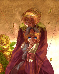 Rule 34 | 1boy, 1girl, bad id, bad pixiv id, blonde hair, blue eyes, brother and sister, closed eyes, flower, own hands clasped, hetero, highres, hug, hug from behind, kagamine len, kagamine rin, own hands together, siblings, string, string of fate, twins, ui (rot), vocaloid