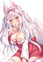 Rule 34 | 1girl, animal ears, blush, breasts, breasts out, cleavage, finger to mouth, hair between eyes, japanese clothes, kimono, large breasts, long hair, looking at viewer, original, red skirt, skirt, smile, sorai shin&#039;ya, tail, very long hair, white hair, yellow eyes