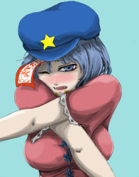 Rule 34 | 1girl, blue eyes, blue hair, blush, breasts, covering privates, covering breasts, expressive clothes, fangs, female focus, ginji (sakaki summer), hat, highres, jiangshi, large breasts, matching hair/eyes, miyako yoshika, ofuda, one eye closed, open mouth, short hair, solo, star (symbol), touhou, translated, upper body, wink