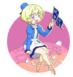 Rule 34 | 1girl, :d, aikatsu!, aikatsu! (series), arm support, barefoot, belt, blonde hair, blue choker, blue headwear, blush stickers, choker, collarbone, dot nose, dress, drop shadow, earrings, fang, flag, full body, hair between eyes, hand up, hattori yu, holding, holding flag, jewelry, juliet sleeves, karaagetarou, knees together feet apart, long sleeves, looking at viewer, looking to the side, no pupils, open clothes, open mouth, outside border, plantar flexion, puffy sleeves, purple background, purple eyes, ripples, short hair, signature, sitting, smile, soaking feet, solo, star (symbol), star earrings, steam, tour guide, translation request, water, white belt, white dress