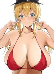 Rule 34 | 1girl, absurdres, anchor hair ornament, aqua eyes, bikini, blonde hair, breasts, cleavage, fingers to cheek, hair ornament, highres, kantai collection, large breasts, long hair, neneneji, prinz eugen (kancolle), red bikini, skindentation, smile, swimsuit, twintails, upper body, white background