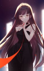 Rule 34 | 1girl, alternate hairstyle, arms behind back, bare shoulders, black dress, blurry, blurry background, blush, breasts, choker, closed mouth, commentary, contrapposto, dress, girls&#039; frontline, hand up, highres, hoshi usagi, large breasts, light particles, long hair, looking at viewer, mole, mole on breast, official alternate costume, petals, pov, purple hair, red eyes, sidelocks, single strap, smile, solo, string, string of fate, tsurime, very long hair, wa2000 (ballroom interlude) (girls&#039; frontline), wa2000 (girls&#039; frontline)