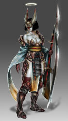 Rule 34 | 1girl, armor, armored boots, black hair, blue sleeves, boots, breastplate, breasts, chinese commentary, cleavage, colored skin, commentary, covered eyes, detached sleeves, earrings, facing to the side, fake horns, faulds, full body, gold earrings, gradient background, grey background, grey skin, halo, highres, holding, holding weapon, hoop earrings, horns, jewelry, lips, long sleeves, mabo9317, mask, medium breasts, obi, obijime, original, pelvic curtain, red lips, red thighhighs, sash, short hair, shoulder armor, solo, standing, swastika, thighhighs, weapon, wide sleeves, yellow sash