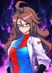 Rule 34 | 1girl, ahoge, android 21, black-framed eyewear, blue eyes, blush, breasts, brown hair, checkered clothes, checkered dress, commentary request, curly hair, dragon ball, dragon ball fighterz, dress, earrings, glasses, haga souken, highres, hoop earrings, jewelry, lab coat, large breasts, long hair, looking at viewer, red ribbon army, semi-rimless eyewear, solo, tsurime, under-rim eyewear
