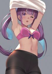 Rule 34 | 1girl, absurdres, armpits, arms up, black panties, blush, bow, bow bra, bra, breasts, clothes lift, commentary, cowboy shot, drill hair, grey background, gusset, highres, hololive, lifted by self, looking at viewer, melow menow, minato aqua, navel, one eye closed, panties, panties under pantyhose, pantyhose, purple bra, purple eyes, purple hair, shirt lift, simple background, small breasts, solo, standing, thighband pantyhose, underwear, undressing, virtual youtuber