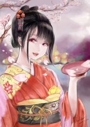 Rule 34 | 10s, 1girl, 2015, absurdres, adai, black hair, chinese clothes, hair ornament, highres, lipstick, looking at viewer, makeup, original, pale skin, petals, pink eyes, plate, signature, solo