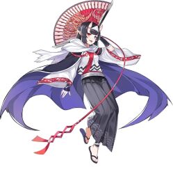 Rule 34 | 1girl, amanojaku (ark order), ark order, arm at side, arm behind head, arm up, artist request, black cape, black footwear, black hair, black pants, blue eyes, cape, earrings, folding fan, full body, hakama, hakama pants, hand fan, heterochromia, holding, holding fan, horns, japanese clothes, jewelry, kimono, long hair, long sleeves, official art, pants, pointy ears, purple cape, red eyes, red sash, sandals, sash, sidelocks, skin-covered horns, solo, tachi-e, tongue, tongue out, transparent background, triangular headpiece, two-sided cape, two-sided fabric, white kimono, wide sleeves, wrist guards