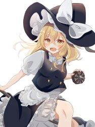 Rule 34 | 1girl, :d, apron, black skirt, black vest, bloomers, blush, bow, braid, broom, broom riding, commentary, cowboy shot, floating hair, frilled skirt, frills, hair between eyes, hair bow, hat, hat bow, highres, holding, huge bow, kirisame marisa, long hair, looking at viewer, mini-hakkero, open mouth, puffy short sleeves, puffy sleeves, shirt, short sleeves, simple background, single braid, sitting, skirt, smile, solo, toufuoishiiiiii, touhou, underwear, vest, waist apron, white apron, white background, white bow, white shirt, witch hat, yellow eyes