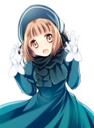 Rule 34 | 1girl, :d, arms up, beatrice (princess principal), black scarf, blue dress, blue hat, blunt bangs, bonnet, brown eyes, brown hair, commentary request, dress, gloves, hat, juliet sleeves, kurosawa kiyotaka, leaning to the side, long sleeves, looking at viewer, open mouth, princess principal, puffy sleeves, scarf, simple background, smile, solo, white background, white gloves
