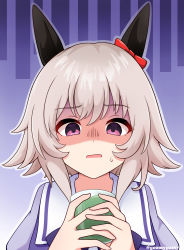 Rule 34 | 1girl, absurdres, animal ears, commentary request, curren chan (umamusume), disgust, drink, empty eyes, goom (goomyparty), highres, horse ears, horse girl, looking at viewer, open mouth, portrait, purple eyes, ribbon, royal bitter juice, school uniform, shaded face, short hair, solo, twitter username, umamusume