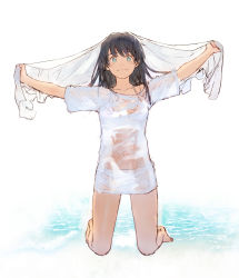 Rule 34 | 1girl, arms up, barefoot, bikini, bikini under clothes, black hair, blouse, blue eyes, breasts, commentary request, covered navel, full body, highres, kneeling, long hair, looking at viewer, no pants, original, p!k@ru, shirt, short sleeves, smile, solo, swimsuit, towel, water, wet, wet clothes, wet shirt, white bikini, white shirt