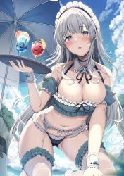 Rule 34 | 1girl, :o, absurdres, bare shoulders, beach umbrella, bikini, black bikini, black choker, blue eyes, blue hawaii, blush, breasts, choker, cleavage, collarbone, day, detached collar, detached sleeves, frilled bikini, frills, garter belt, gluteal fold, grey hair, halterneck, highres, holding, large breasts, long hair, looking at viewer, maid, maid bikini, maid headdress, navel, neck ribbon, open mouth, original, outdoors, ribbon, solo, stomach, swimsuit, thighhighs, thighs, tomoo (tomo), tray, tropical drink, umbrella, unconventional maid, very long hair, wet, white thighhighs