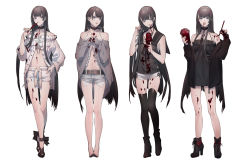 Rule 34 | 1girl, babydoll, black footwear, black hair, black jacket, black thighhighs, blood, blood on clothes, blood on face, blood on leg, blue eyes, bubble tea, candy, choker, drinking straw, fangs, female focus, food, full body, hand on own hip, high heels, highres, holding, holding food, ice cream, ice cream cone, jacket, lollipop, long hair, looking at viewer, multiple views, open clothes, open jacket, original, popsicle, short shorts, shorts, simple background, standing, straight hair, sweater, thighhighs, tobacco (tabakokobata), vampire, very long hair, white background, white shorts