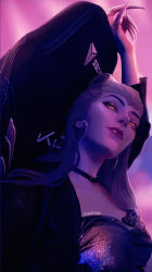 Rule 34 | 1girl, chair, choker, claws, demon girl, dress, earrings, evelynn (league of legends), gaming chair, highres, hoop earrings, jewelry, league of legends, lipstick, looking at viewer, makeup, shari kia, slit pupils, solo, swivel chair, the baddest evelynn, yellow eyes