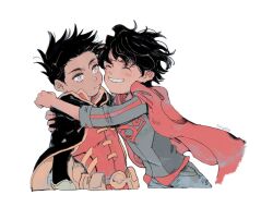 Rule 34 | 2boys, artist name, batman (series), black hair, blush, cape, child, closed eyes, commentary request, damian wayne, dc comics, hug, jonathan kent, looking at another, male focus, mog (1418mogmog), multiple boys, red cape, simple background, smile, super sons, superhero costume, superman (series), superman logo, teeth, twitter username, two-tone bodysuit, white background