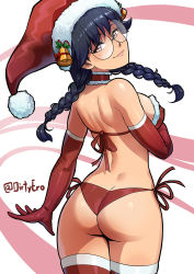Rule 34 | 1girl, ass, back, bikini, black hair, borrowed character, braid, breasts, brown eyes, butt crack, choker, christmas, commentary, commission, dirty ero, english commentary, covered erect nipples, freckles, from behind, fur trim, glasses, gloves, hat, highres, joo a-byeol, lips, looking at viewer, looking back, medium breasts, original, red bikini, red choker, red gloves, red legwear, rimless eyewear, round eyewear, santa hat, side-tie bikini bottom, solo, standing, strapless, strapless bikini, swimsuit, twin braids