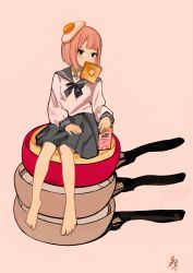 Rule 34 | 1girl, bare legs, barefoot, black eyes, black neckwear, black sailor collar, black skirt, blunt bangs, bread slice, egg (food), food, food in mouth, french toast, fried egg, frying pan, full body, highres, long sleeves, looking at viewer, mouth hold, original, pink background, pink hair, sailor collar, shirt, short hair, simple background, sitting, skirt, solo, stacking, toast, toast in mouth, tokiwata soul, white shirt