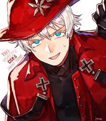 Rule 34 | 1boy, black gloves, black shirt, blue eyes, copyright name, earrings, gloves, hand up, hat, isasasa001, jacket, jewelry, kyuuketsuki sugu shinu, looking at viewer, male focus, open mouth, red hat, red jacket, ronaldo (kyuuketsuki sugu shinu), shirt, short hair, simple background, single earring, smile, solo, sweatdrop, upper body, v-shaped eyebrows, white background, white hair