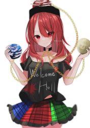 Rule 34 | 1girl, bare shoulders, black choker, black shirt, blush, breasts, chain, choker, clothes writing, collar, collarbone, earth (ornament), green skirt, hands up, hecatia lapislazuli, highres, long hair, looking at viewer, miniskirt, moon (ornament), off-shoulder shirt, off shoulder, plaid, plaid skirt, red eyes, red hair, red skirt, shion 343, shirt, short sleeves, simple background, skirt, smile, solo, t-shirt, touhou, white background