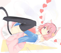 Rule 34 | 1girl, animal ears, ass, black thighhighs, blush, cat ears, cat girl, cat tail, covering privates, covering crotch, female focus, hairband, heart, heart-shaped pillow, highres, kemonomimi mode, komeiji satori, long sleeves, looking at viewer, no shoes, off shoulder, open clothes, open shirt, pillow, pink hair, purple eyes, shichinose, shirt, skirt, solo, tail, tears, thighhighs, touhou