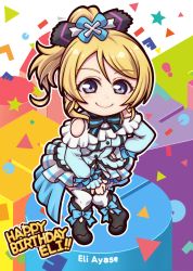 Rule 34 | 1girl, ayase eli, birthday, black footwear, blonde hair, blue eyes, boots, bow, bowtie, breasts, character name, chibi, clothing cutout, commentary request, earrings, english text, frills, hair bow, hand on own hip, happy birthday, jewelry, kira-kira sensation!, long hair, looking at viewer, love live!, love live! school idol project, medium breasts, miloku, ponytail, rectangle, shoulder cutout, solo, standing, star (symbol), thighhighs, triangle, white thighhighs