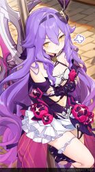 Rule 34 | 1girl, absurdres, bare shoulders, breasts, detached sleeves, fingerless gloves, gloves, hair between eyes, highres, honkai (series), honkai impact 3rd, long hair, navel, official art, oversized object, pink gloves, pout, purple gloves, purple hair, purple nails, scissors, sirin, sirin (miracle magical girl), skirt, small breasts, solo, toes, upper body, v-shaped eyebrows, very long hair, weapon, white skirt, yellow eyes