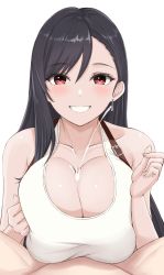 Rule 34 | 1boy, 1girl, black hair, blush, breasts, breasts squeezed together, cleavage, collarbone, cum, cum on body, cum on breasts, cum on upper body, earrings, ejaculation, final fantasy, final fantasy vii, grin, hair between eyes, hetero, jewelry, large breasts, long hair, looking at viewer, paizuri, paizuri under clothes, pov, pov crotch, projectile cum, red eyes, simple background, smile, solo focus, straight hair, suspenders, tank top, tifa lockhart, upper body, vik (xypt7474), white background, white tank top