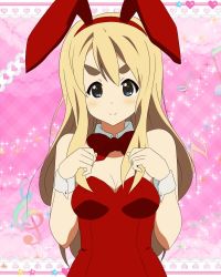 Rule 34 | 1girl, animal ears, bare shoulders, blonde hair, blue eyes, bow, breasts, choker, cleavage, detached collar, eyebrows, fake animal ears, heart, k-on!, kotobuki tsumugi, long hair, miracle (miracle1980), musical note, official style, playboy bunny, rabbit ears, smile, solo, star (symbol), wrist cuffs