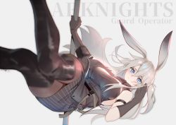 Rule 34 | 1girl, animal ears, arknights, arm strap, black gloves, black pantyhose, black shirt, black skirt, blue eyes, copyright name, dutch angle, elbow gloves, feet out of frame, gloves, holding, knees together feet apart, long hair, looking at viewer, pantyhose, rabbit ears, savage (arknights), shirt, side ponytail, silver hair, simple background, skirt, solo, thighhighs, warashi, white background